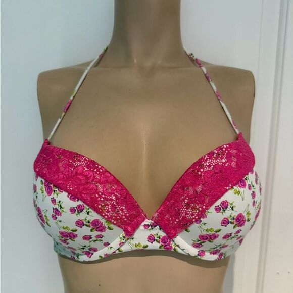 Floral Lace Trim Bra - Pink and White Beach bunny garden of Eden push up.. - Picture 1 of 4